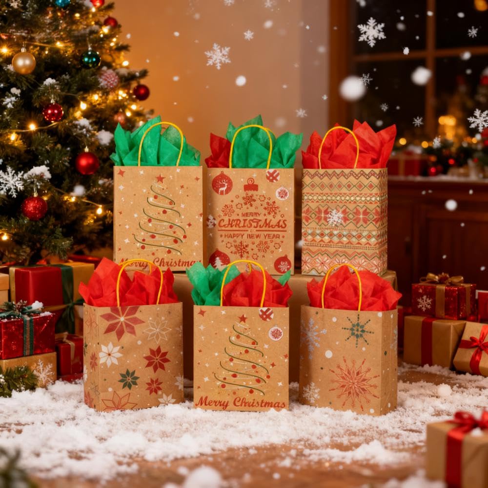 24 Christmas Kraft Gift Bags 7x 8.6 x 3 with 24 Tissue Papers for Xmas Exchange, Party Favors Paper Goodie Bags, Assorted Christmas Bags, Treat Bags