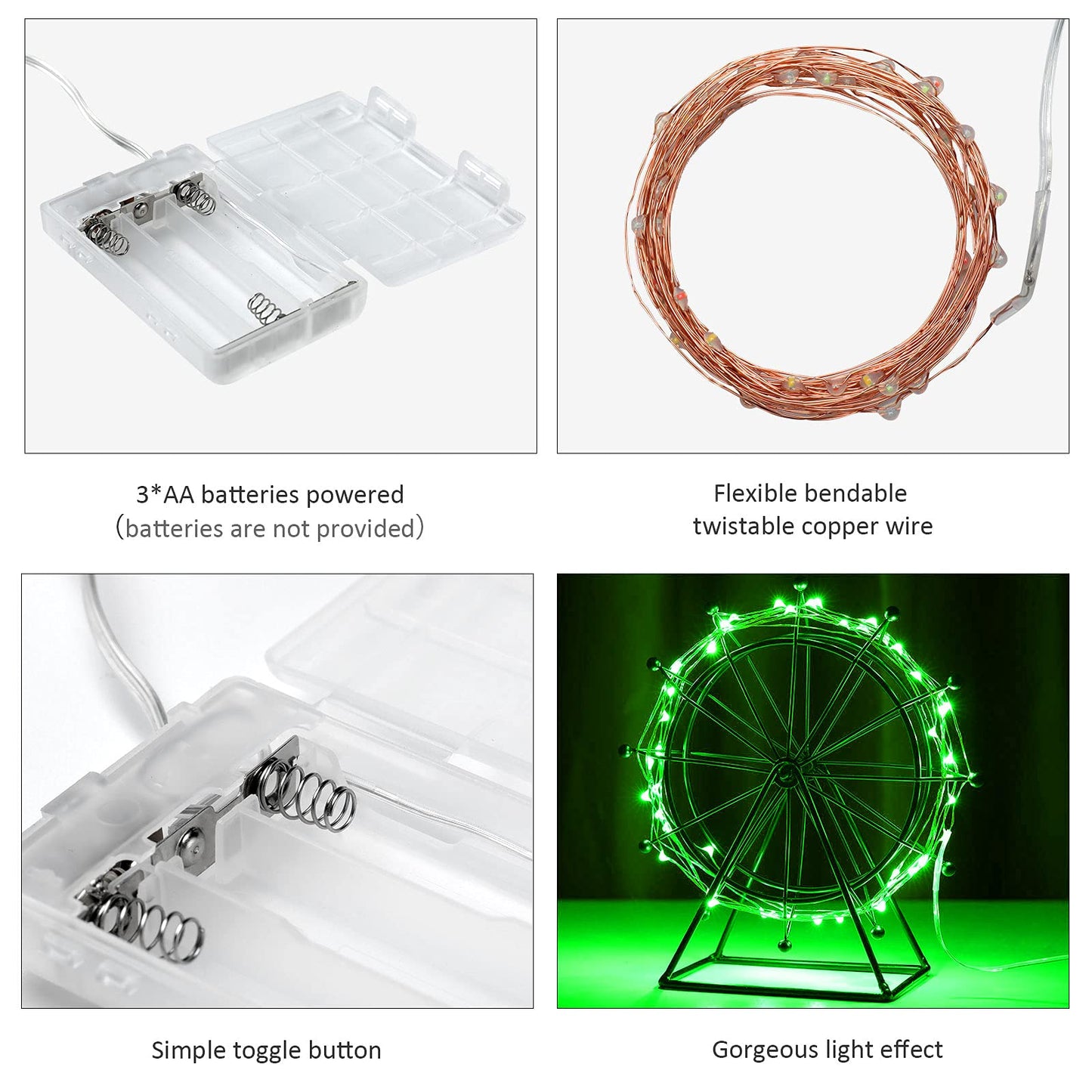 Ariceleo Mini St. Patrick's Day Fairy Lights Battery Operate, 1 Pack Copper Wire 3*AAA Battery Powered Led Starry Fairy String Lights for Bedroom, Christmas, Party, Wedding, Decoration(5m/16ft Green)