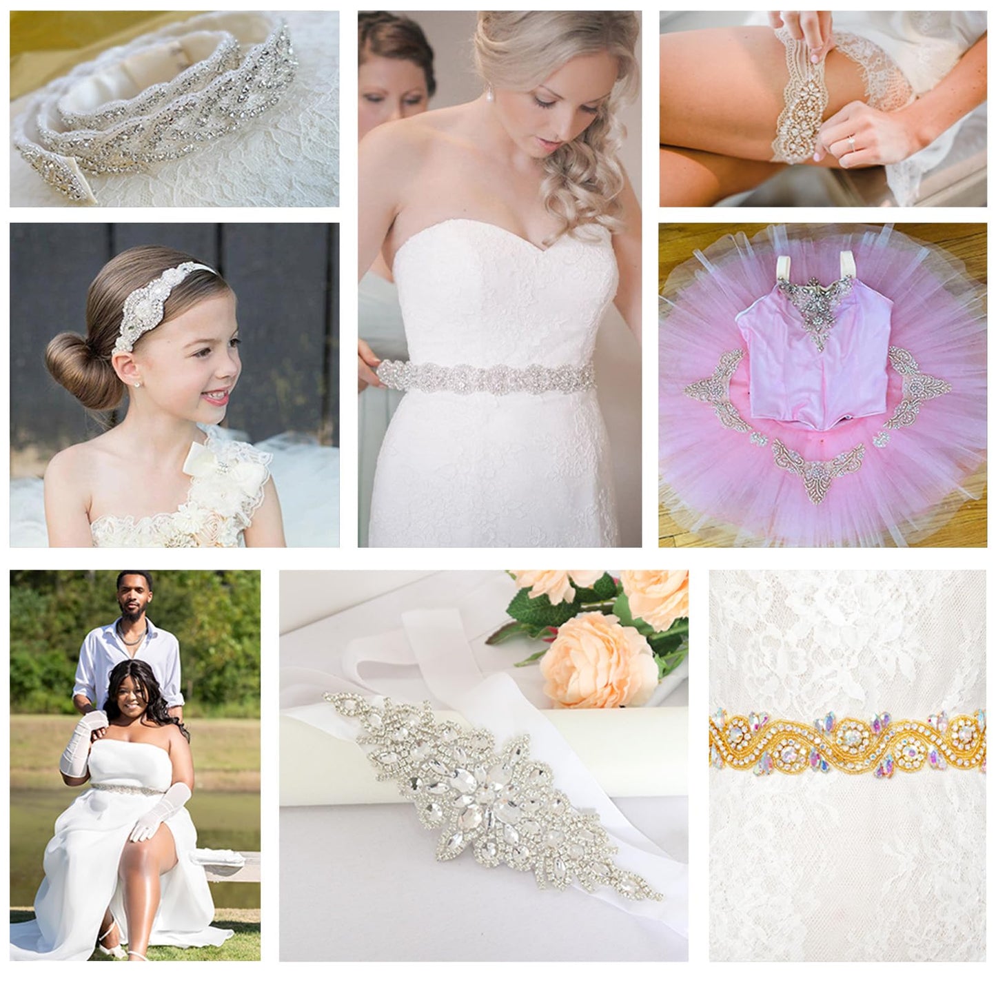 ShiDianYi Diamante Sweet Heart Rhinestone Bridal Sash Applique, Pearl Beaded Wedding Applique