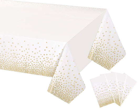 Gexolenu 4 Pack White & Gold Dot Plastic Tablecloth for Rectangle Tables(54" x 108"), Disposable Table Cloth for Birthday, Wedding, Baptism Decorations, Engagement Party Decorations