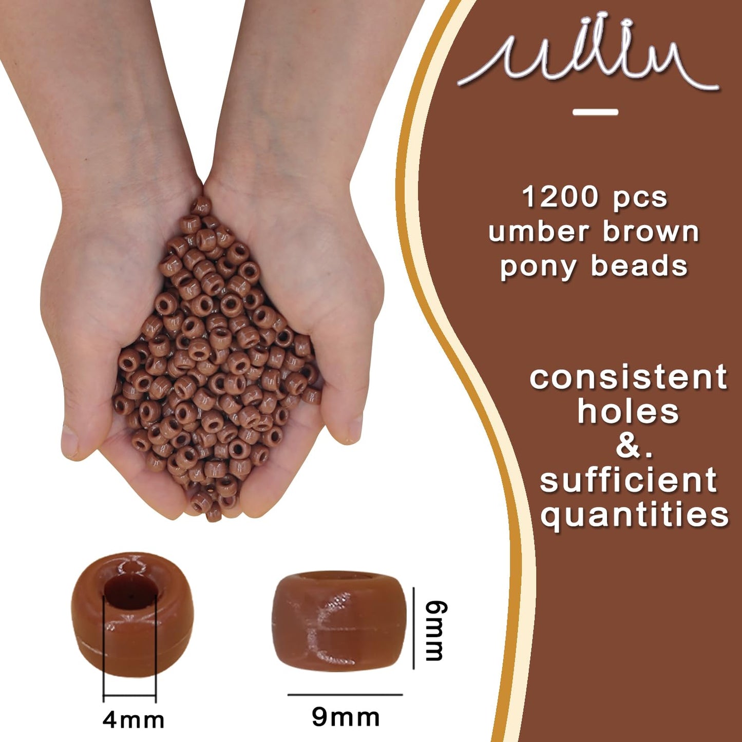 MIIIM 1200PCS 6x9mm Pony Beads Bulk, Brown Kandi Beads for Bracelets Making Kit, Hair Braids Crafts for Jewelry Making (Umber Brown)