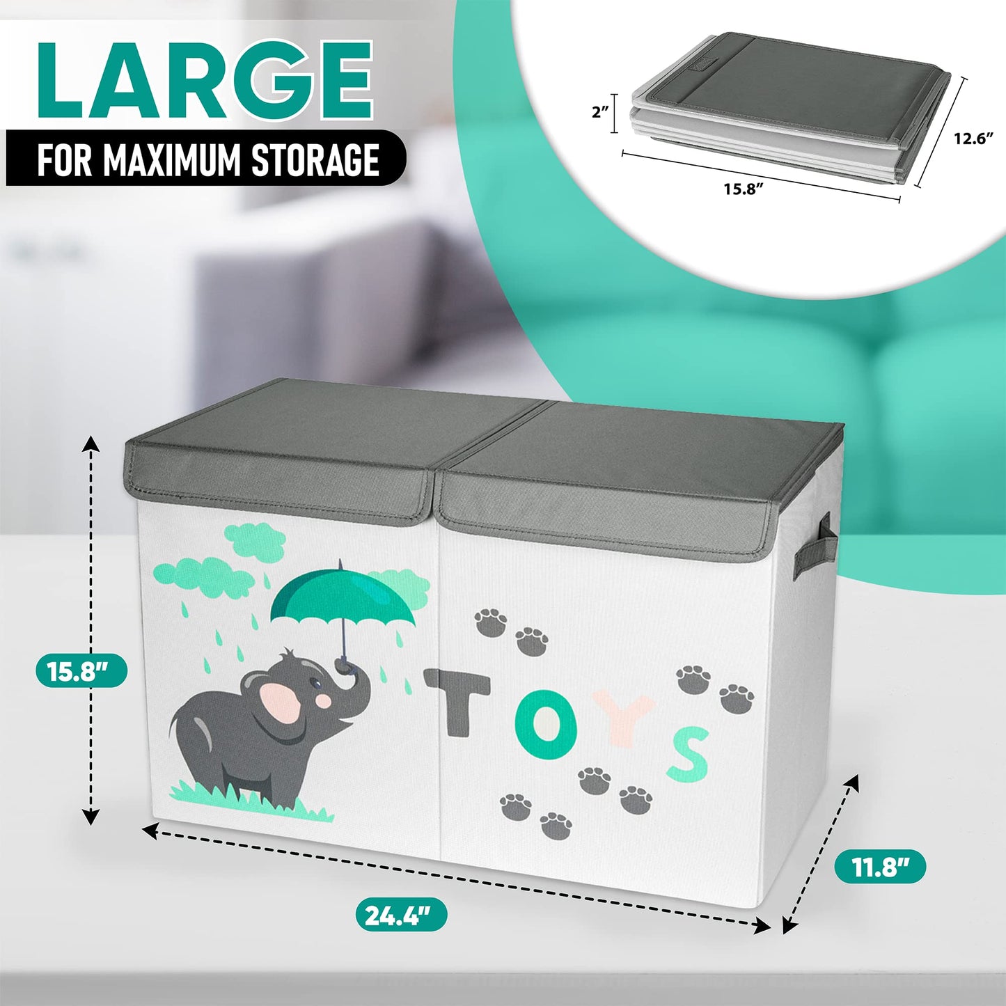 Hula Home Large Toy Box (2pc) - Lightweight Collapsible Sturdy Toy Storage Chest w/Flip-Top Lid & Handles (24.5" x 12" x 16") (Dog & Elephant)