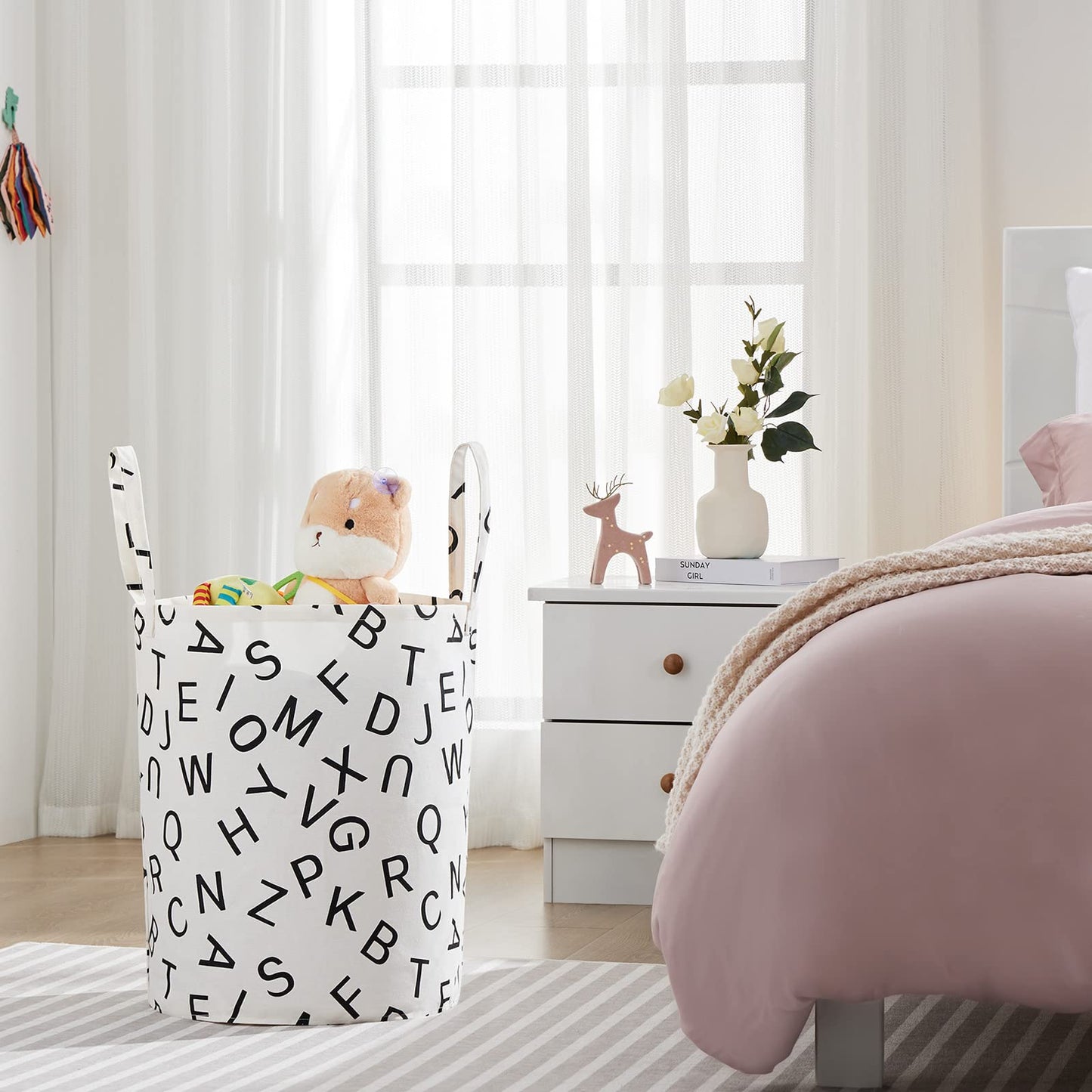 Large Storage Basket for Girls and Boys, Collapsible Laundry Hamper with Long Handles, Toy Bins for Nursery, Kids Room Décor