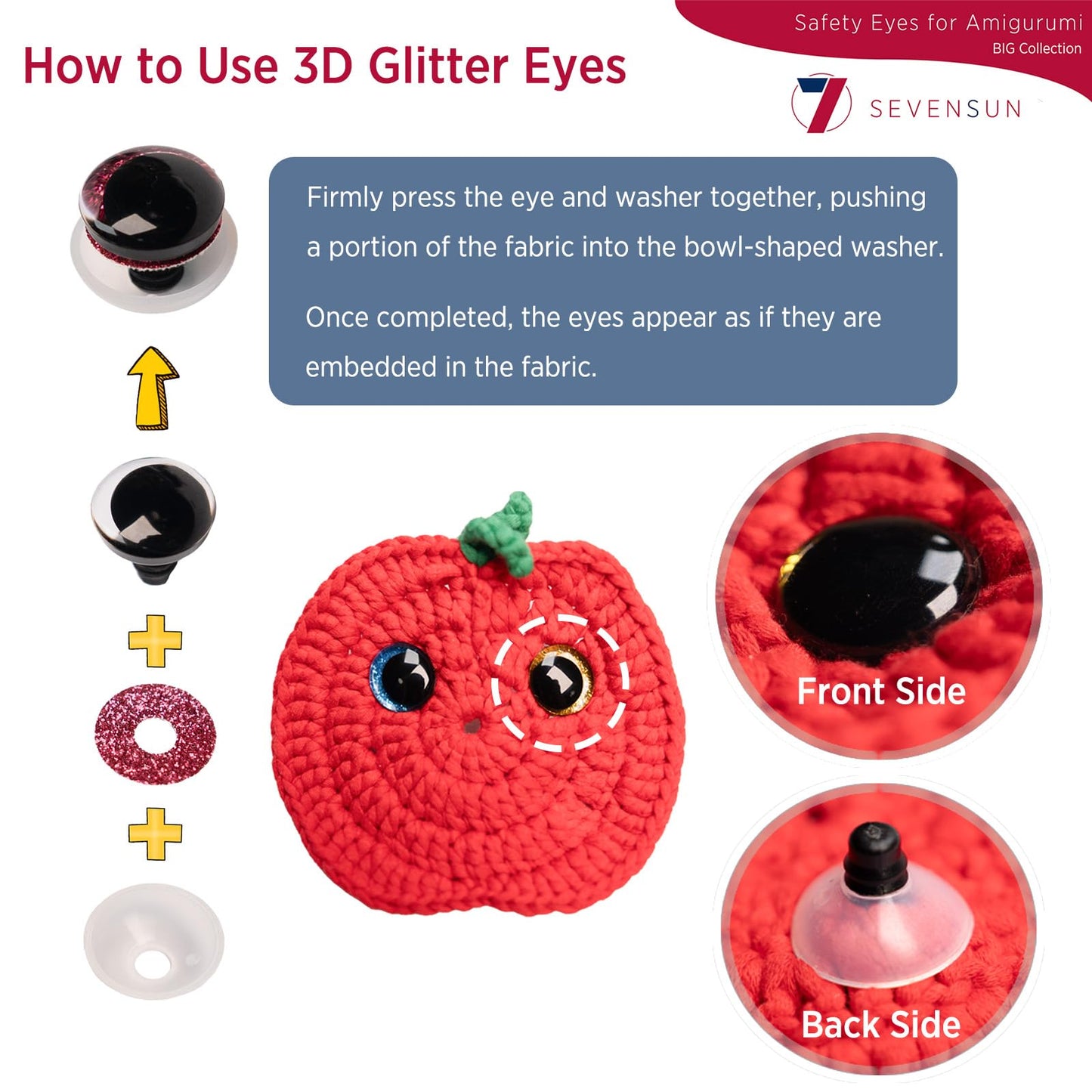 SEVENSUN 16mm Sparkling Off-Centered Glitter Safety Eyes, 3D Moon Glitter Eyes with Washers, Doll Making Stuffed Craft Crochet Safety Eyes for Crocheting Amigurumi