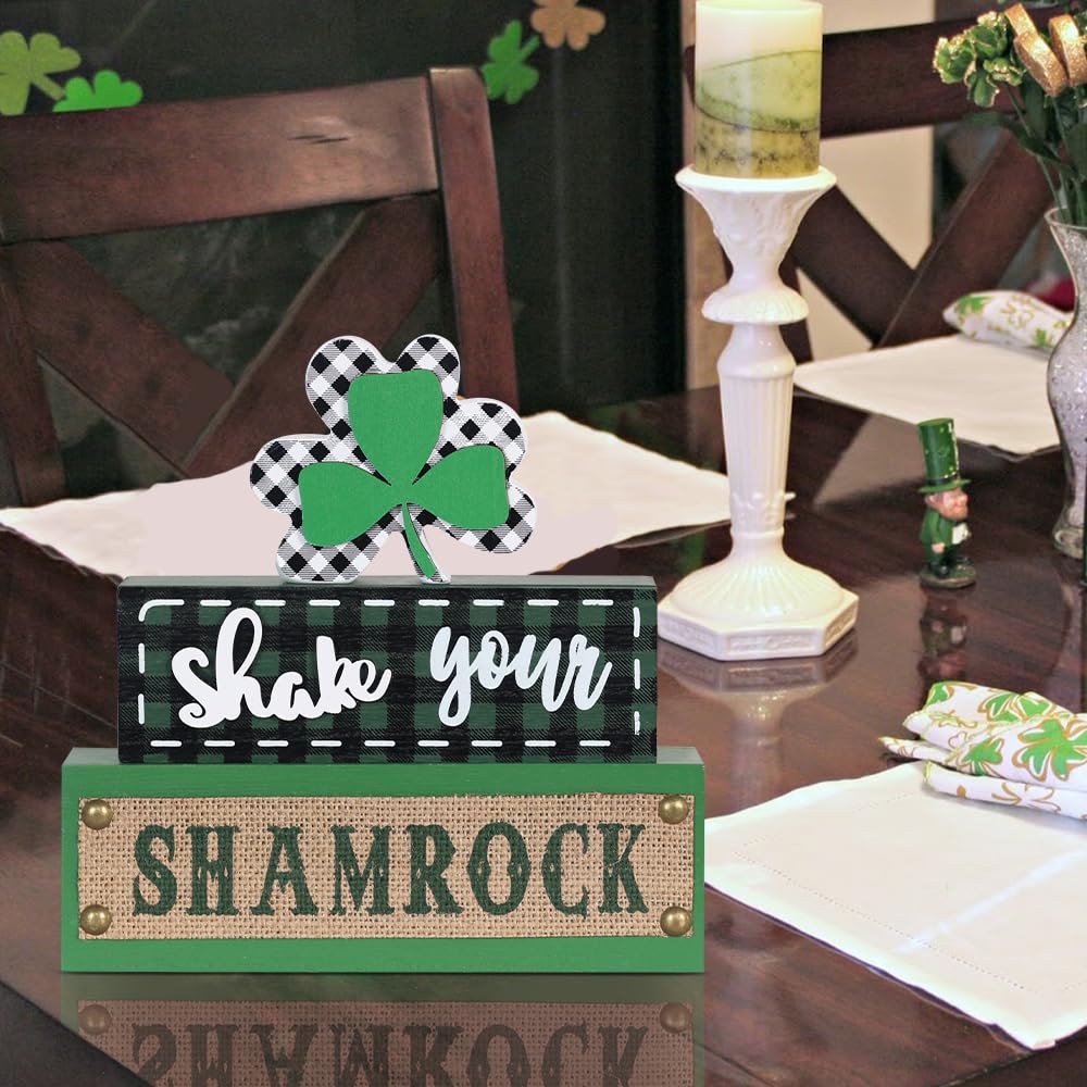 St Patricks Day Decorations, 3-Layered Shamrock Wood Block St Patricks Day Decor, Shamrock Ornaments Shake Your SHAMROCK Sign Saint Patricks Day Decorations for the Home, Table, Mantel