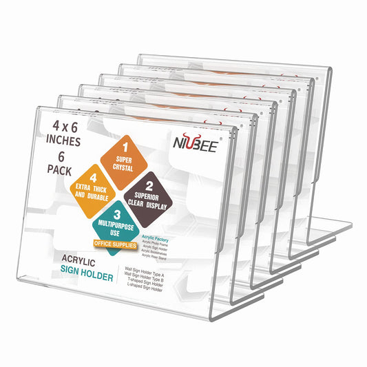 Slanted Back Acrylic Sign Holder 6 x 4 Inches, Clear Plastic Sign Holder Paper Display Table Stand for Office, Store, Restaurant -Horizontal (6 Pack)