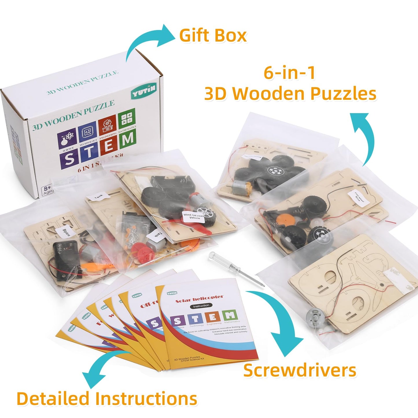 Yutin STEM Kits for Kids Age 8-10 10-12, 6 Set Wood Building Projects Crafts Science Model Car Kits for Kids Age 8-12, Wooden 3D Puzzles, STEM Toys for Boys 8 9 10 12 13 Year Old Birthday Gifts