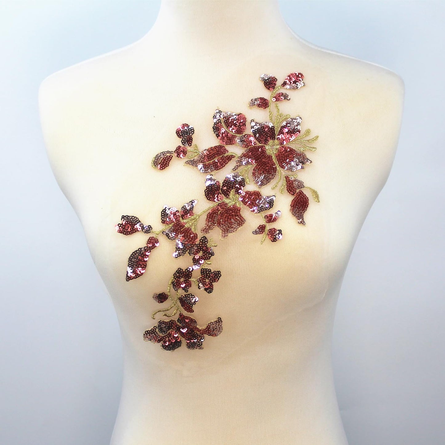 SUNMOVE Embroidery Sequin Lace Applique Sewing Flower Fabric Collar Patch for Wedding Gown Dress Bridal DIY Crafts(Orange Red