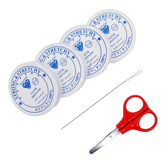 Amaney 4 Roll 0.8mm Elastic String, Stretchy String Crystal String Bead Cord with Beading Needles and Scissors for Bracelet, Beading and Jewelry Making