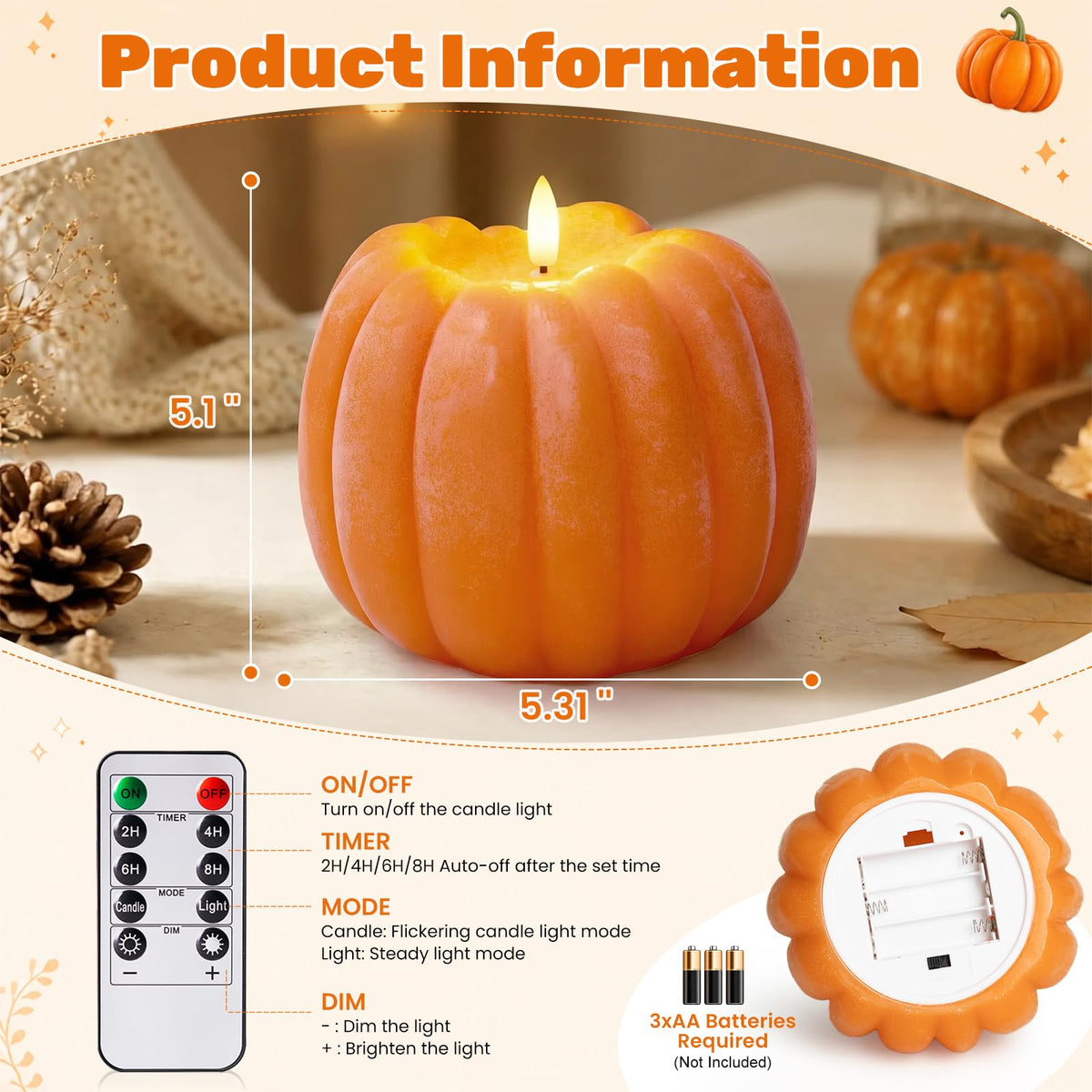 Fall Decor, Fall Decorations for Home Large Flameless Pumpkin Candle Orange