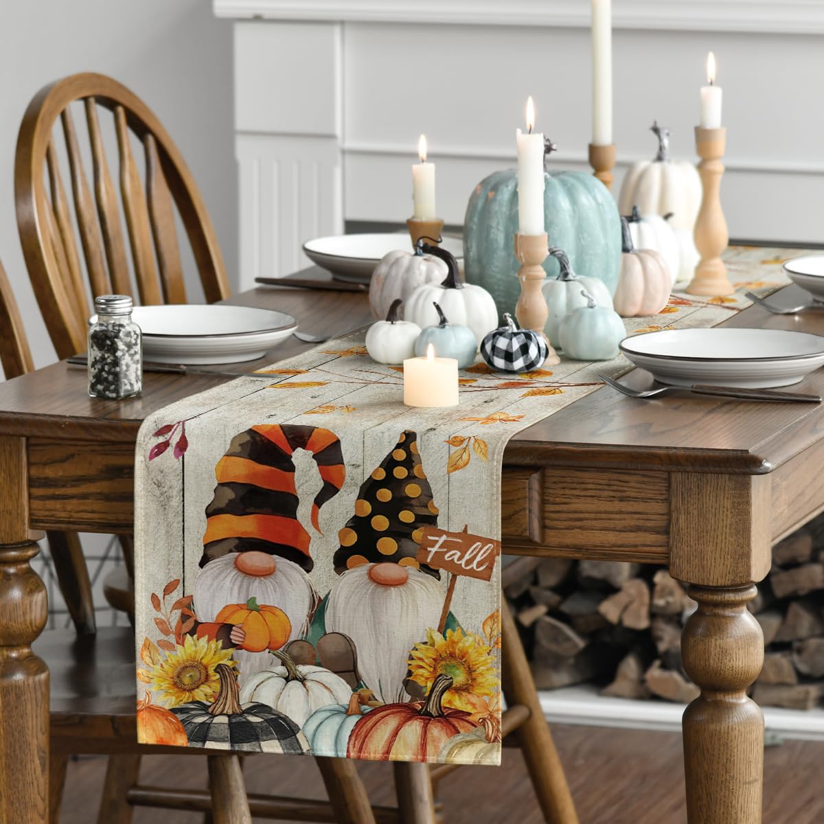 Wood Gnomes Pumpkins Sunflower Leaves Fall Table Runner, Seasonal Autumn Kitchen Dining Table Decoration for Home Party Decor 13x72 Inch