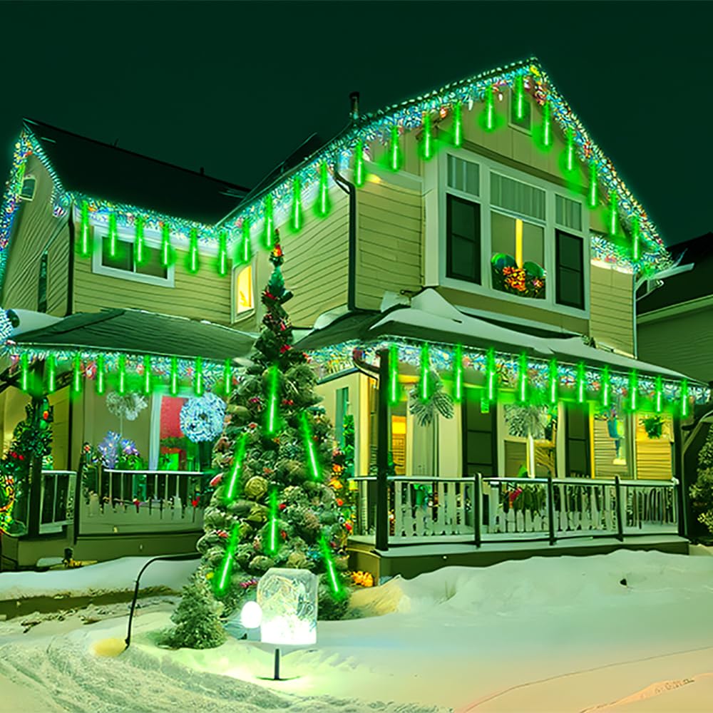 Kwaiffeo Halloween Lights Outdoor, Meteor Shower Lights for Halloween Decorations Christmas Party St. Patrick's Day, UL Plug, Green Christmas Lights