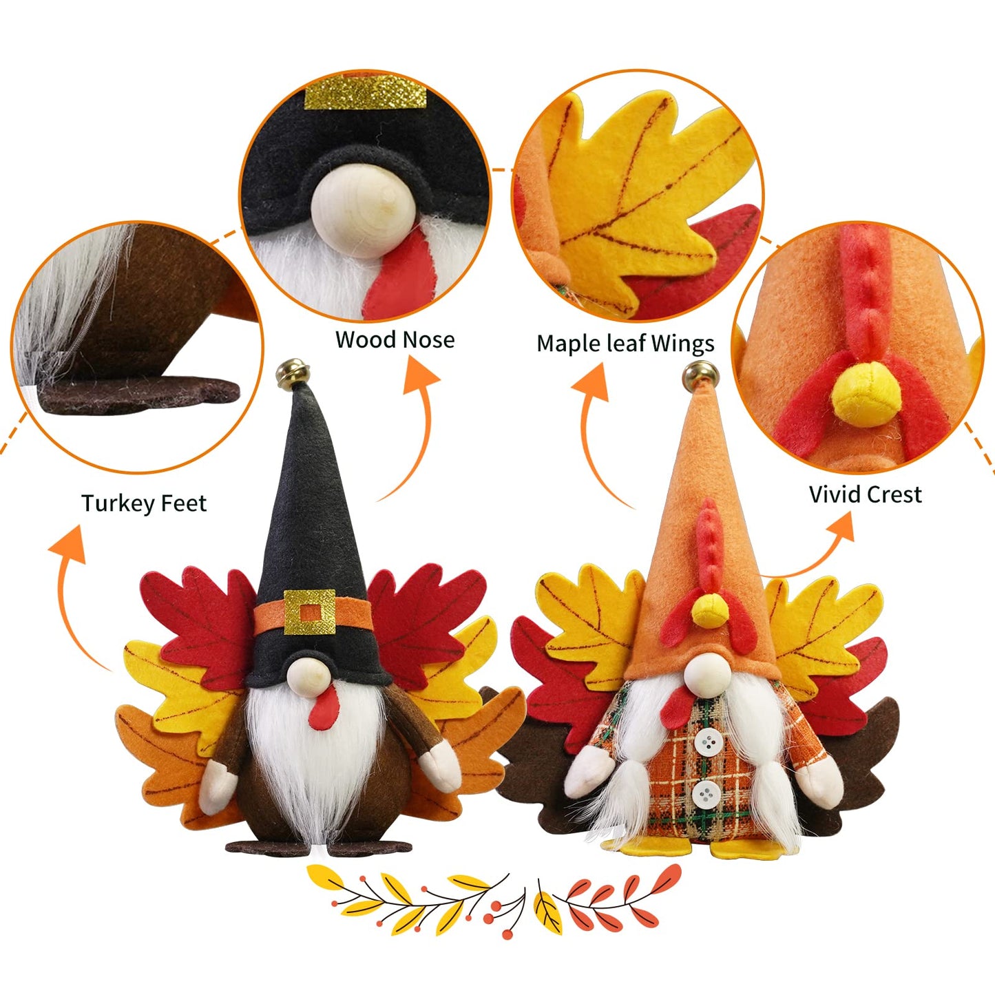 Turkey Fall Gnome, Thanksgiving Gnome Decorations, 2Pack Handmade Swedish Tomte Gnomes with Maple Leaves Wings Harvest Gnome Plush Scandinavian Figurine Nordic Gnomes Holiday Decor Gifts