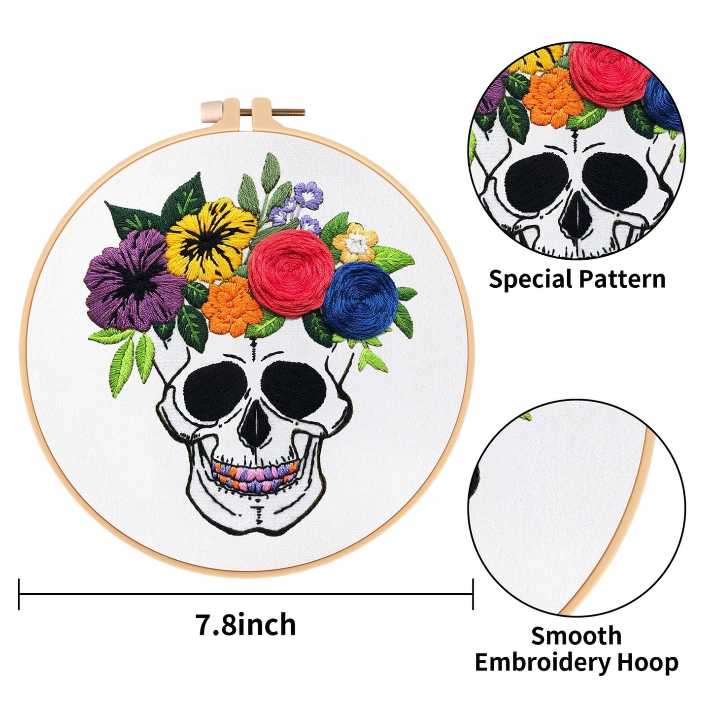 Nuberlic 3 Pack Halloween Skull Embroidery Kit for Adults Beginner Cross Stitch Kits for Starters with Skull Patterns Include 3 Hoop Cloth Thread Needles and Instructions