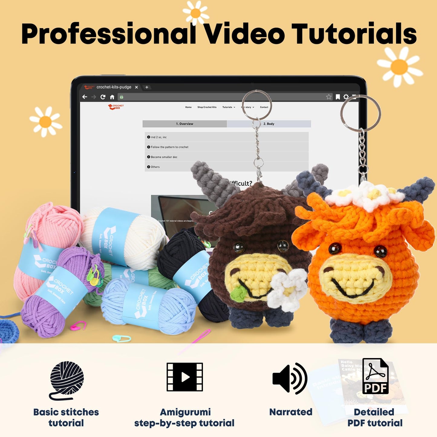 Crochet Kit for Beginners - 2 PCS Highland Cow Keychain Crochet Kit, Learn to Crochet, Include Easy Knitting Yarn, Step-by-Step Video Tutorial, Hook, Holiday Birthday Gift for Adults