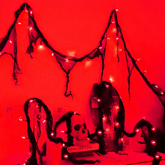 Halloween Decorations String Lights Red Indoor 30LED with Black Gauze Timer, 2Mode Battery Operated 9.9Ft Creepy Cloth Spooky Lights, Gothic Party Room Decor (1PACK