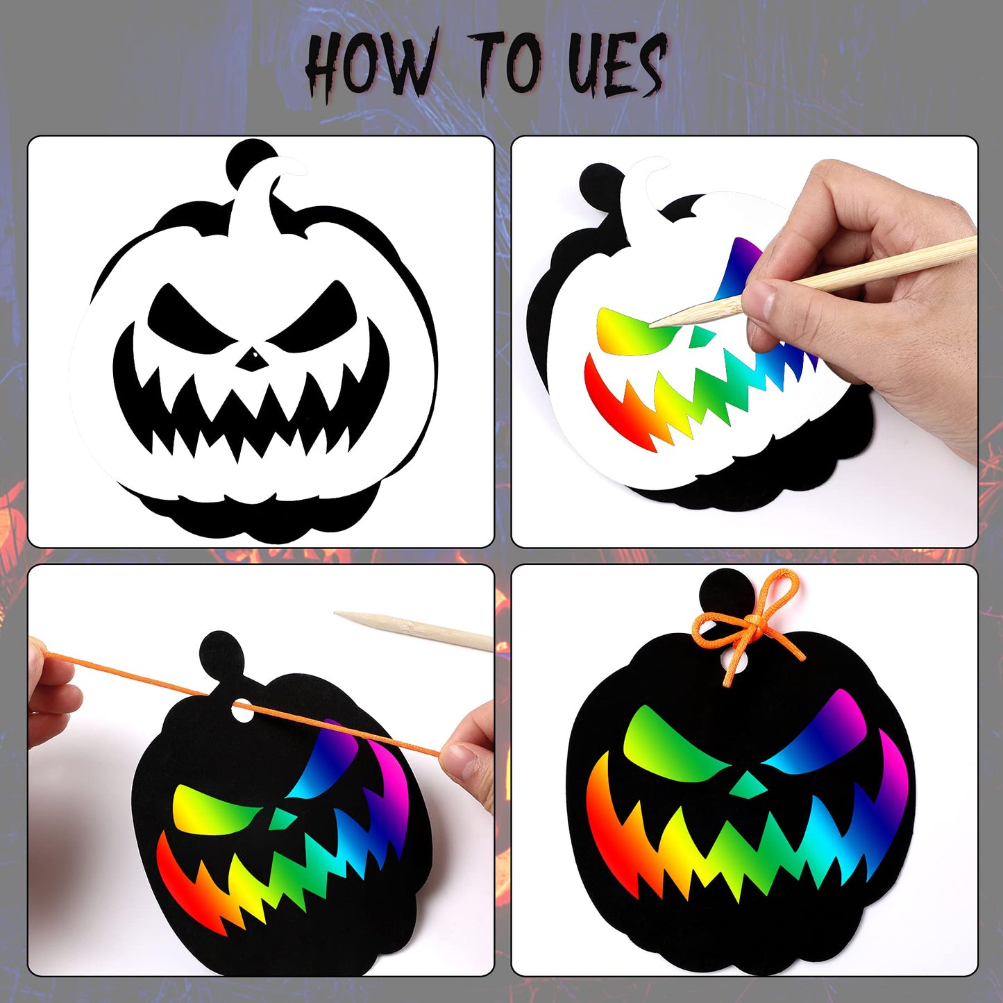 48 Pieces Halloween Scratch Paper Crafts Kit Bulk of Halloween Pumpkins Magic Rainbow Scratch Art for Kids DIY Party Ornaments Halloween Decor with 6 Pcs Halloween Pumpkins Stencils