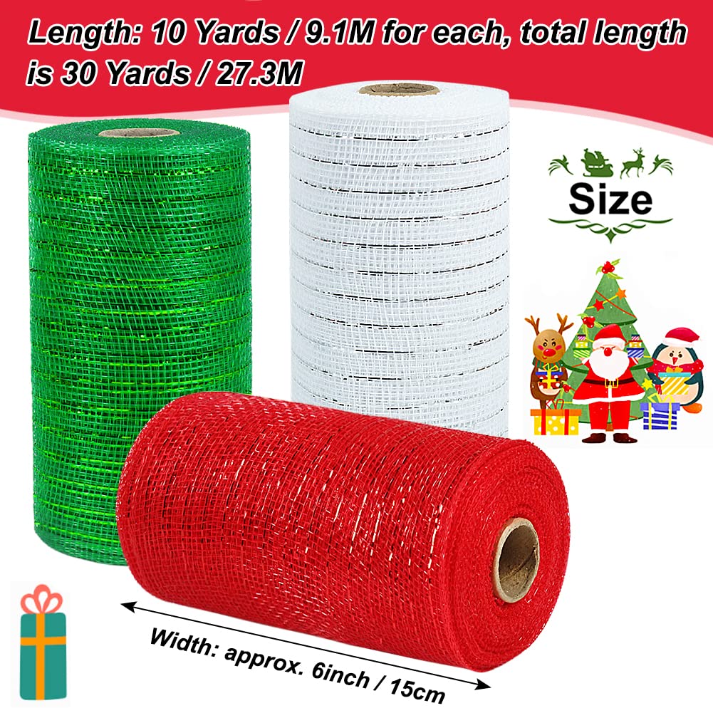 3 Rolls Mesh Ribbon for Wreaths, 6 Inch x 30 Feet Each Roll Red Green White Poly Deco Mesh Rolls, Christmas Ribbon for Wreaths, Swags and Christmas Tree Decoration
