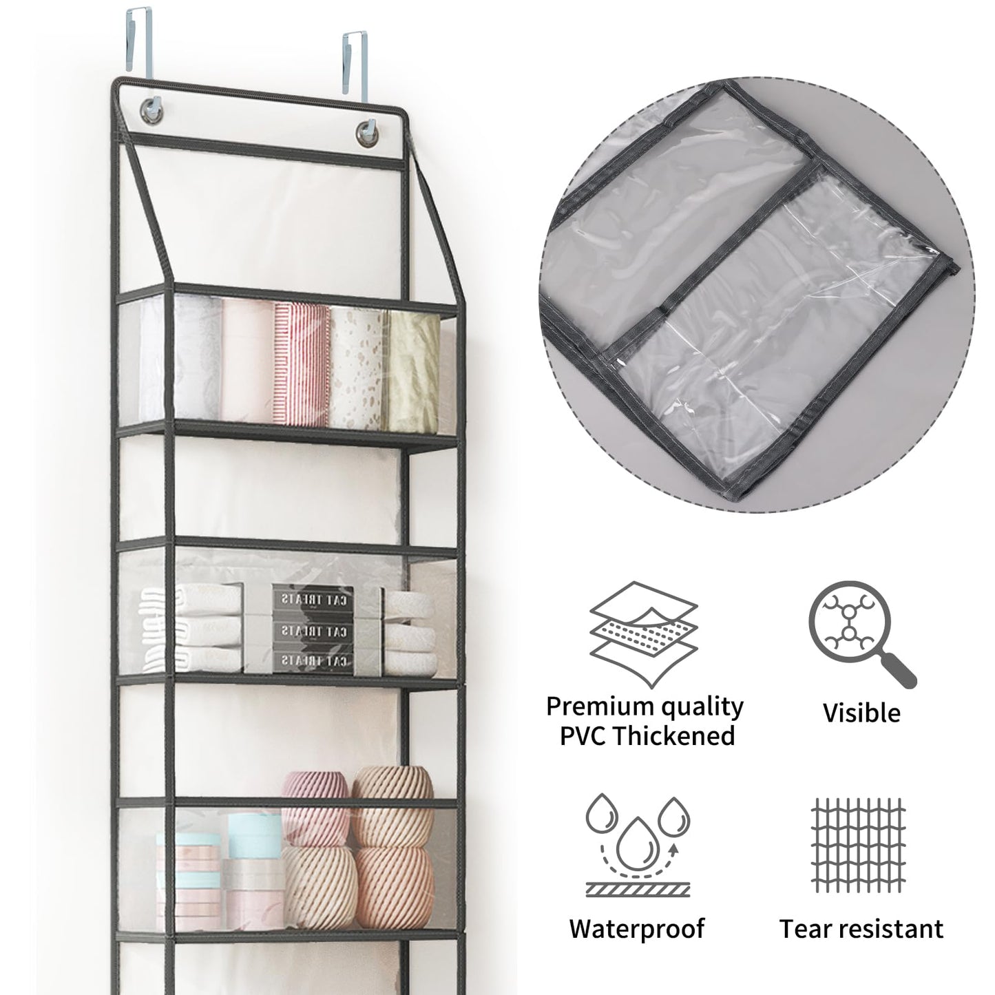 The Door Hanging Pantry Organizer 5-Shelf Room Organizer with Clear Plastic Pockets Behind The Door Storage Organizer Large Capacity Organizer for Closet Bedroom Bathroom (Grey)