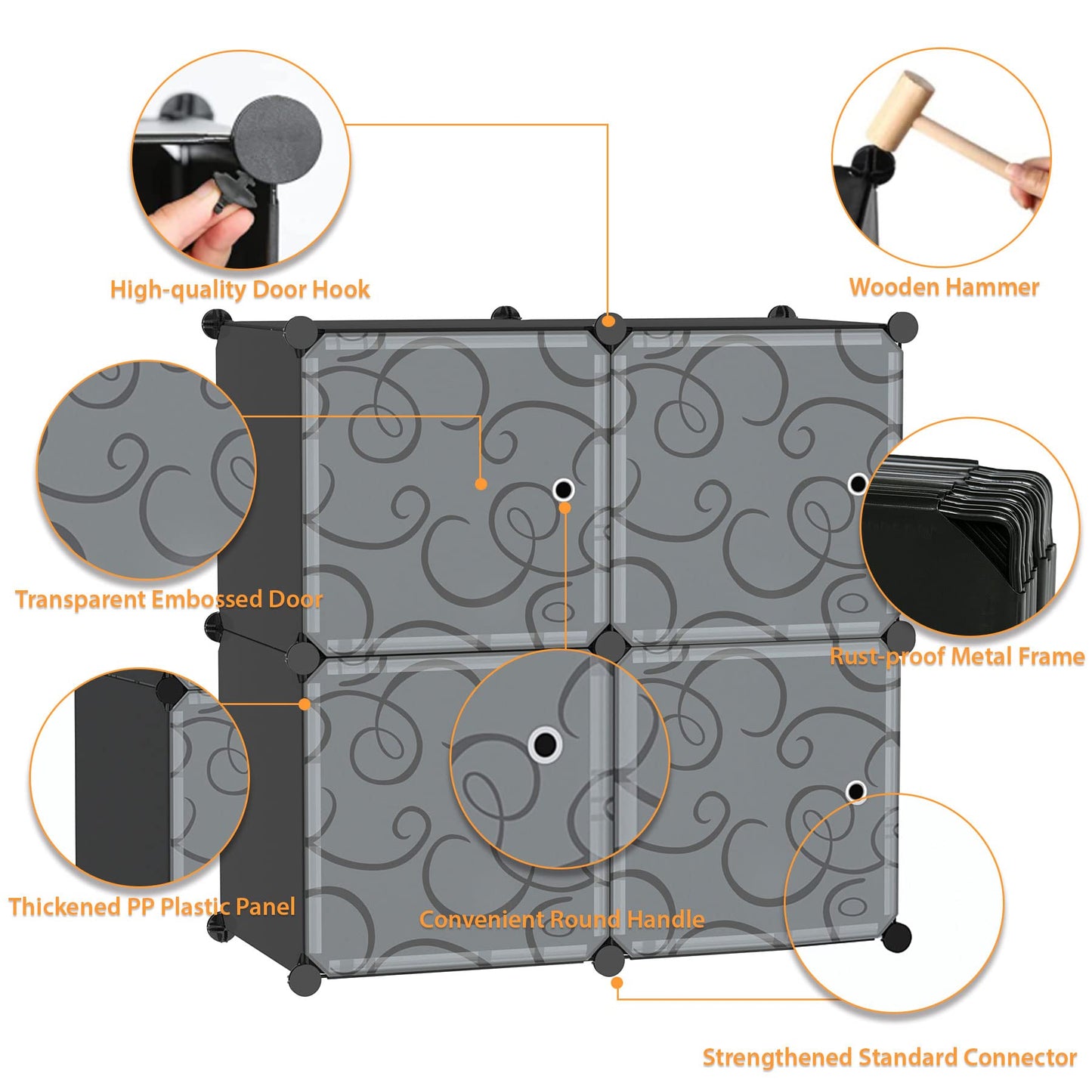 C&AHOME Cube Storage Organizer with Doors, 4-Cube Shelves, Closet Cabinet, DIY Plastic Modular Bookshelf Ideal for Bedroom, Living Room, 24.8" L x 12.4" W x 24.8" H Black SHS04B-DOOR