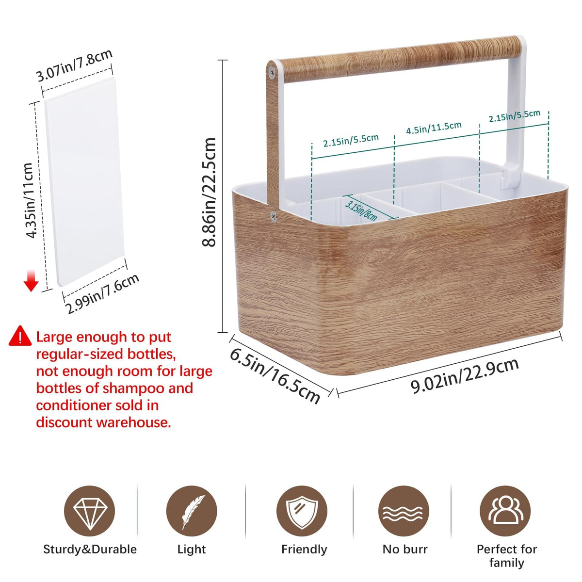 BYUNER Shower Caddy Portable for College: Devided Bathroom Caddy Shower Basket for Dorm with Handle, Plastic Bathroom Counter Organizer Storage Tote Bin for Dorm,Kitchen,Cabinet, Wood Grain