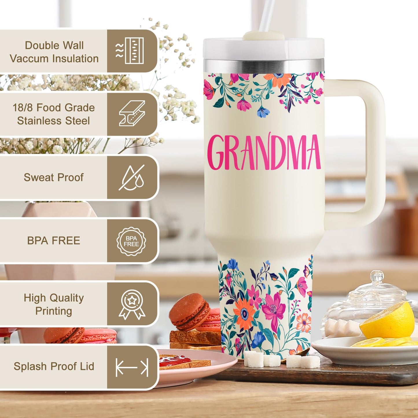 ROSTANTEN Grandma Gifts Mothers Day Gifts for Grandma Great Grandmother Birthday Gift Ideas Best Grandmother Gift from Granddaughter Grandson 40oz Travel Cup Insulated Tumbler with Lid & Straw