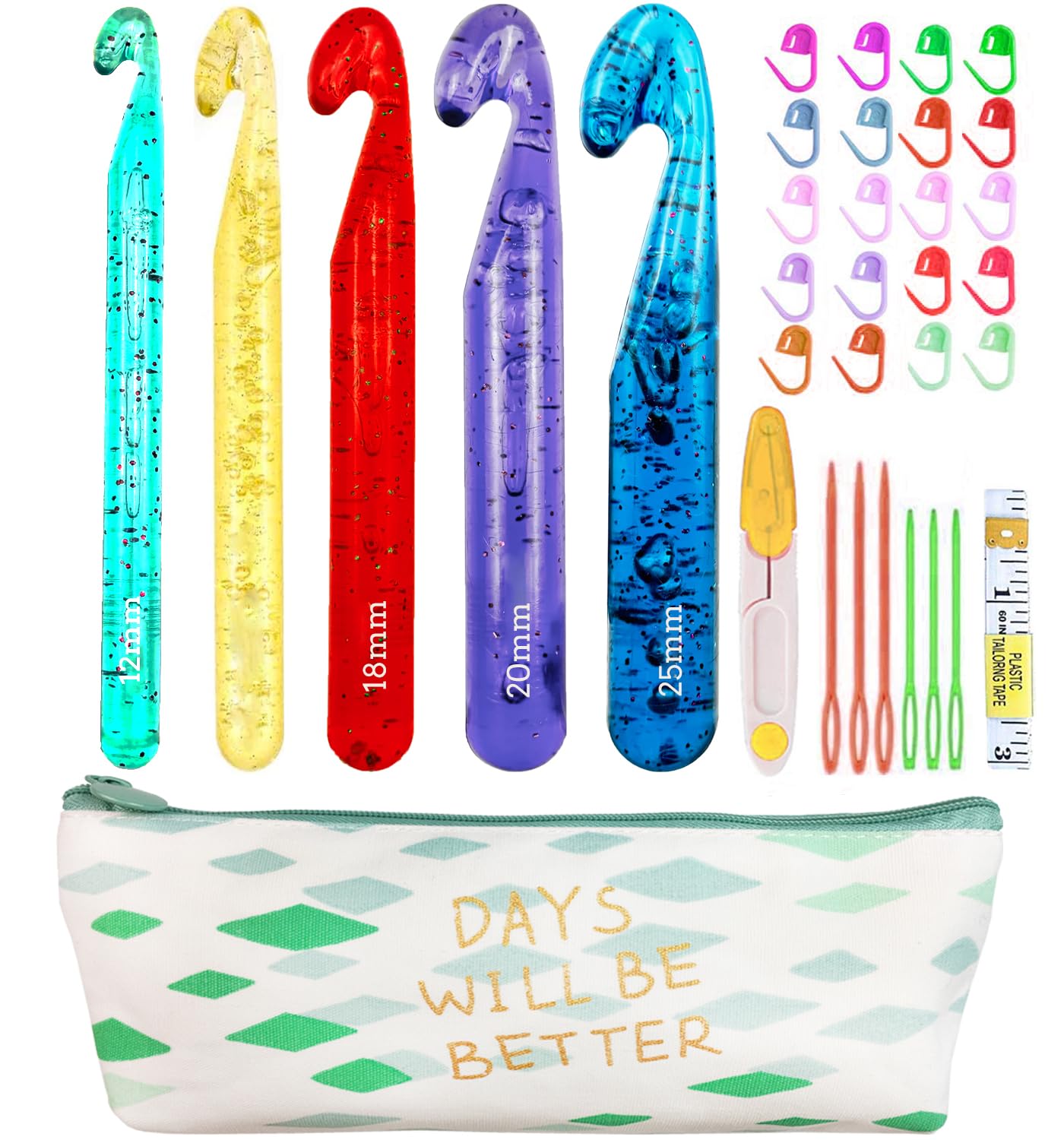 Weabetfu 5 Large Crochet Hook,25mm 20mm 18mm 15mm 12mm Size Crochet Hook, Large Crochet Hook for Chunky Yarn,24PCS Big Crochet Hook,10mm-25mm Crochet Hook with Case (Colourful)