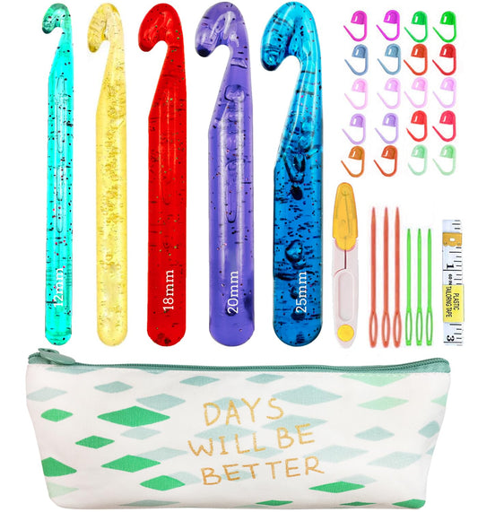 Weabetfu 5 Large Crochet Hook,25mm 20mm 18mm 15mm 12mm Size Crochet Hook, Large Crochet Hook for Chunky Yarn,24PCS Big Crochet Hook,10mm-25mm Crochet Hook with Case (Colourful)