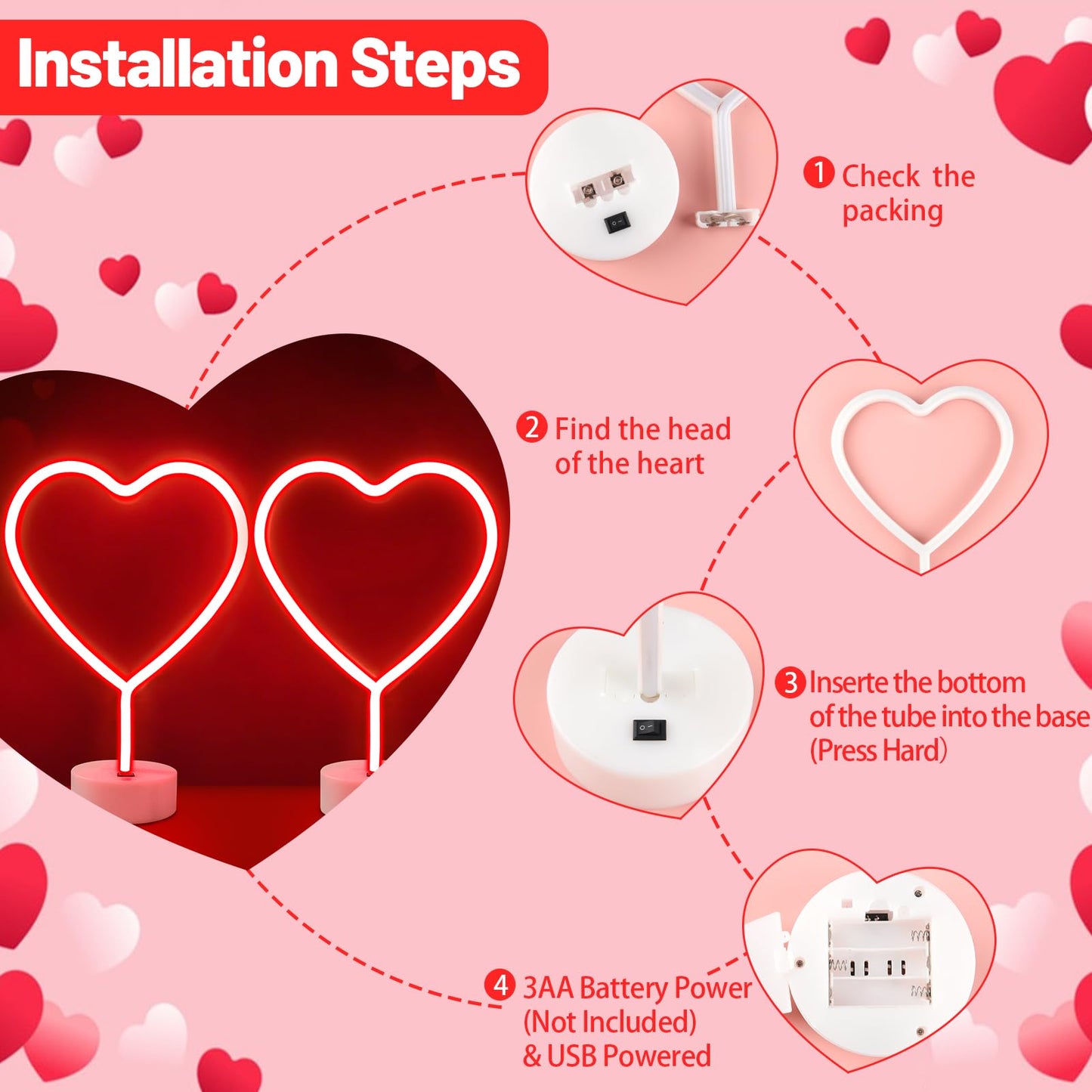 2 Pack Heart Neon Signs, LED Lights Battery Operated or USB Powered Decoration Lamp, Neon Lights Decor for Valentine's Day Gifts, Wedding, Party, Pink Room Decor (Red Heart)