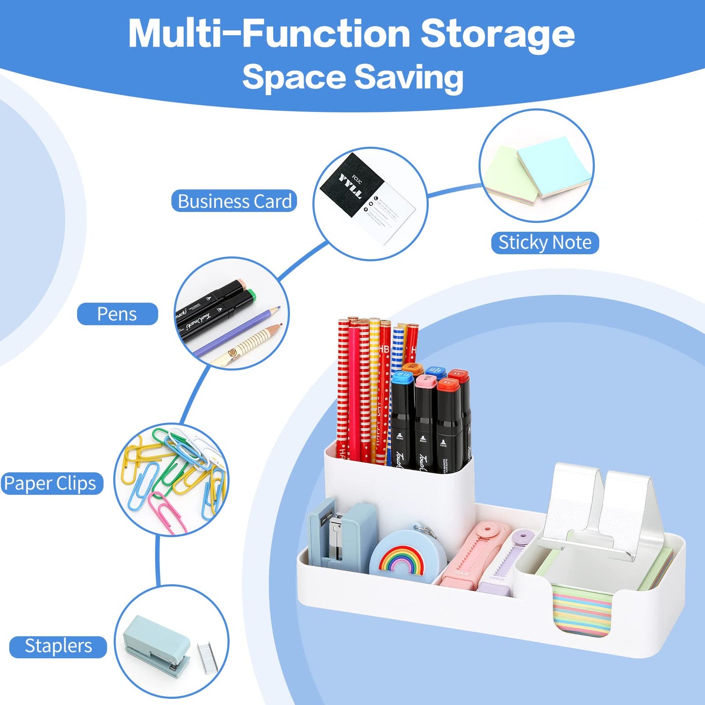 Pen Holder for Desk, Desktop Organizer with Mobile phone holder/Pencil Holders/Sticky Note Tray/Paperclip Storage and Office Stationery Accessories Caddy for Office Home School (White)