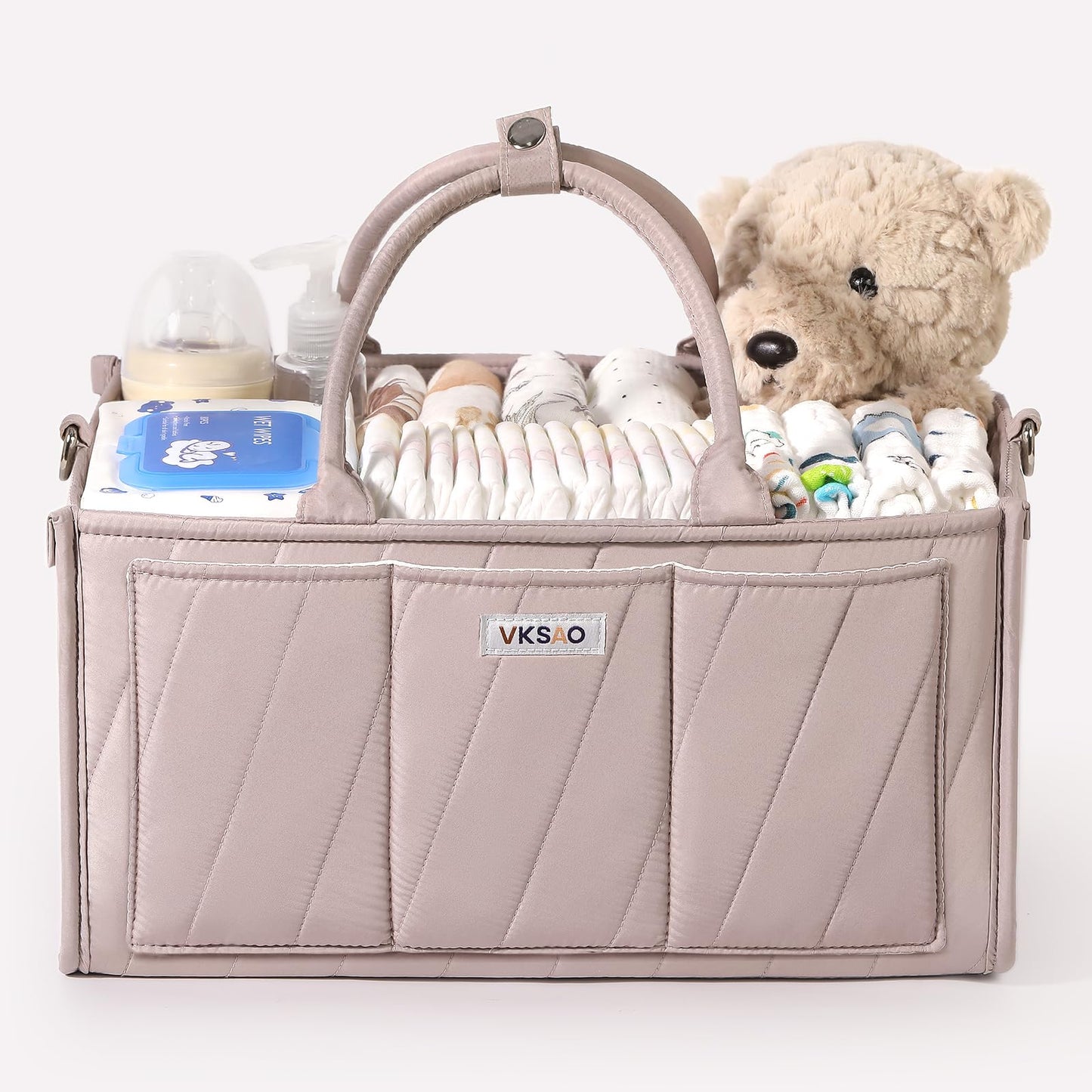 VKSAO Diaper Caddy Organizer – Portable Storage Basket with Shoulder Strap & Stroller Hooks, Splashproof Quilted Nursery & Car Tote, Gender Neutral Gift for Baby Shower, Smoky Gray