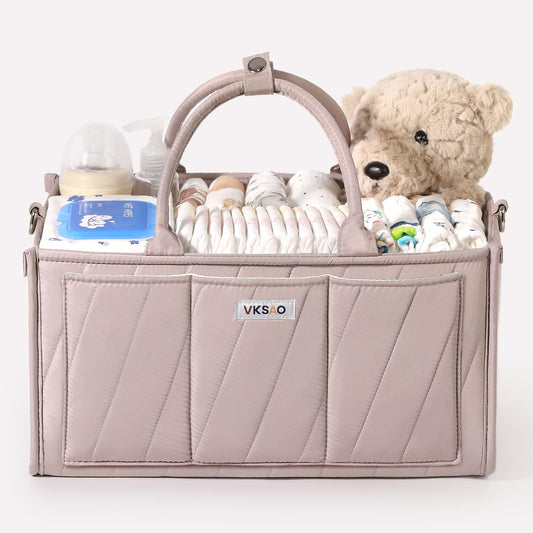VKSAO Diaper Caddy Organizer – Portable Storage Basket with Shoulder Strap & Stroller Hooks, Splashproof Quilted Nursery & Car Tote, Gender Neutral Gift for Baby Shower, Smoky Gray