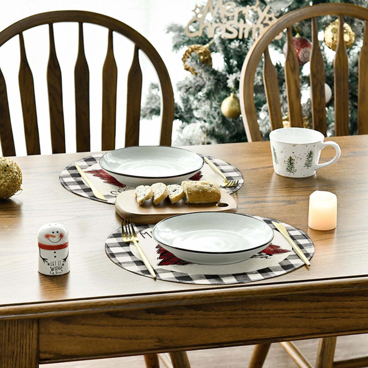 Artoid Mode Waterclor Buffalo Plaid Christmas Trees Merry Xmas Round Placemats Set of 6, 14 Inch Seasonal Winter Round Table Mats for Dining Decoration