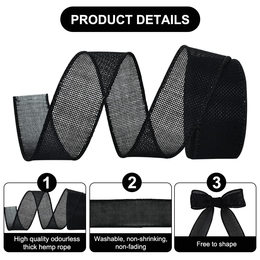 TONIFUL Burlap Black Wired Ribbon, 1 1/2 inch 10 Yard Jute Ribbon for Decoration Bows Tree Toppers Ribbons Craft Gift Wrapping Wreath Sewing, for Christmas Wreath Decor