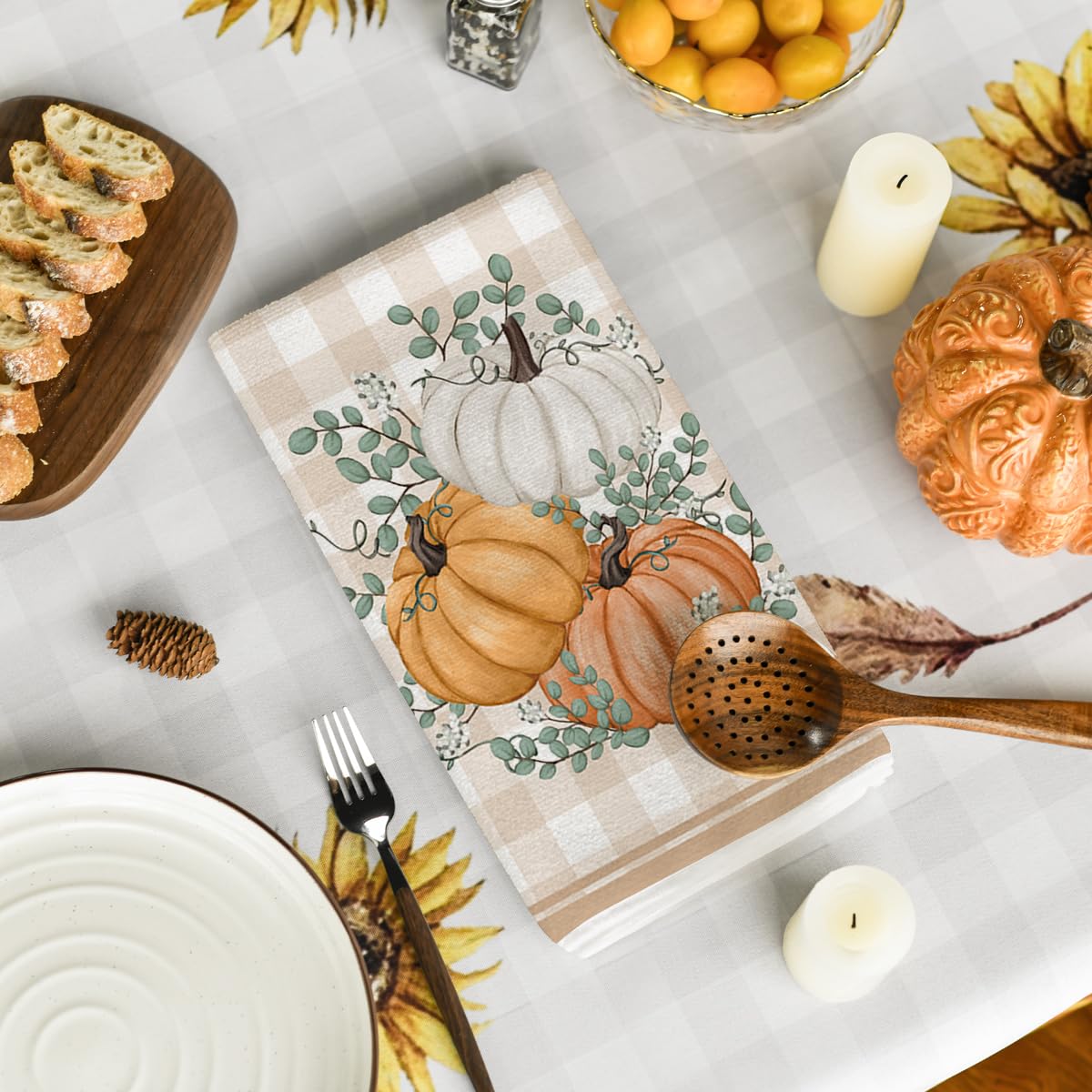 Artoid Mode Orange Eucalyptus Leaves Hello Pumpkin Fall Kitchen Towels Dish Towels, 18x26 Inch Farmhouse Give Thanks Decoration Hand Towels Set of 4