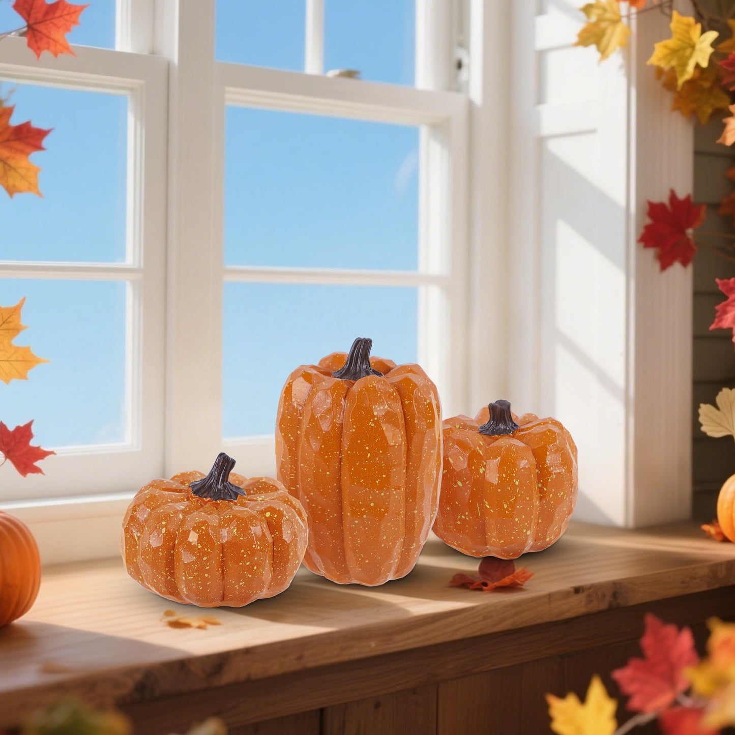 Pumpkins Fall Decor Set of 3 - Artificial Resin Thanksgiving Table Centerpiece for Home Mantel Porch Office & Farmhouse, Decorative Elegant Pumpkin Autumn Harvest Decorations (Orange)