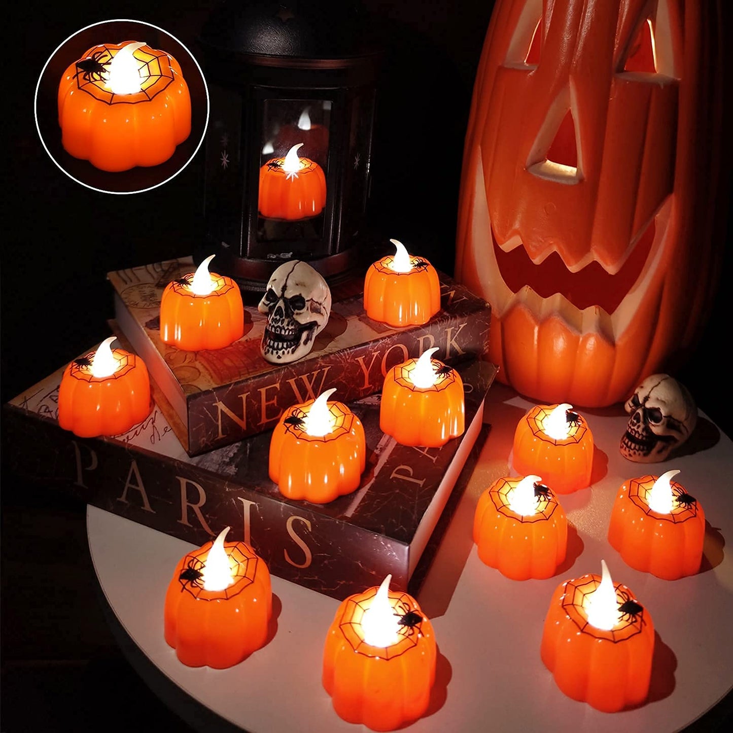 TURNMEON 12 Pack Halloween Pumpkin Tealights Candles with Spider Web Decor, LED Pumpkin Lights, Flame Less Candle Battery Operated Halloween Table Decorations Home Fireplace Party Thanksgiving Fall