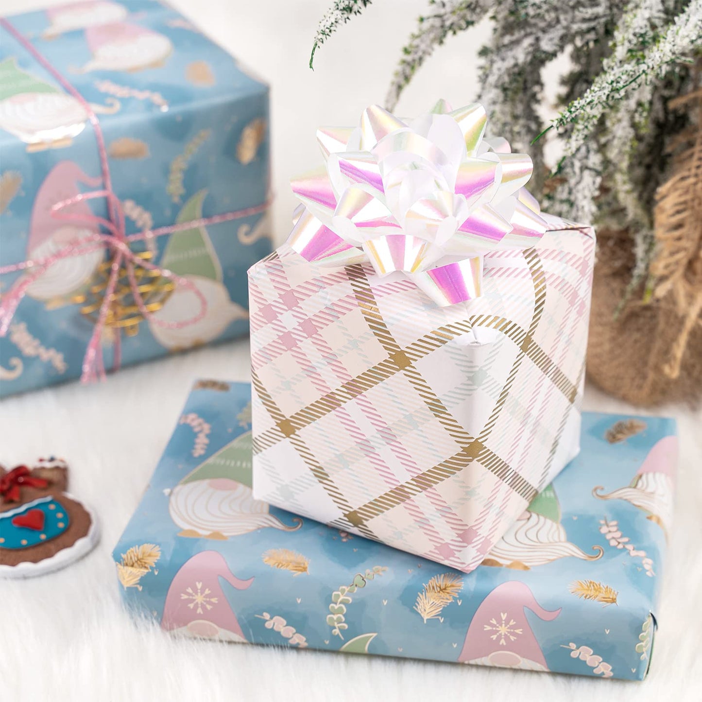Reversible Christmas Wrapping Paper - Mini Roll - 17 Inch x 33 Feet - Blue Purple Gnome and Plaid Design with Metallic Foil Shine for Holiday, Party, Celebration