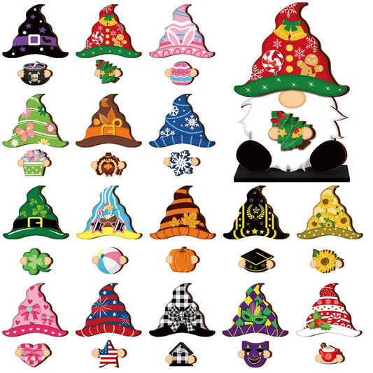 34 Pcs Christmas Interchangeable Wooden Gnome Decor DIY Holiday Christmas Seasonal Tiered Tray Decoration Gnomes with Magnet Pieces Welcome Sign for Xmas Holiday Decorations (Stylish)