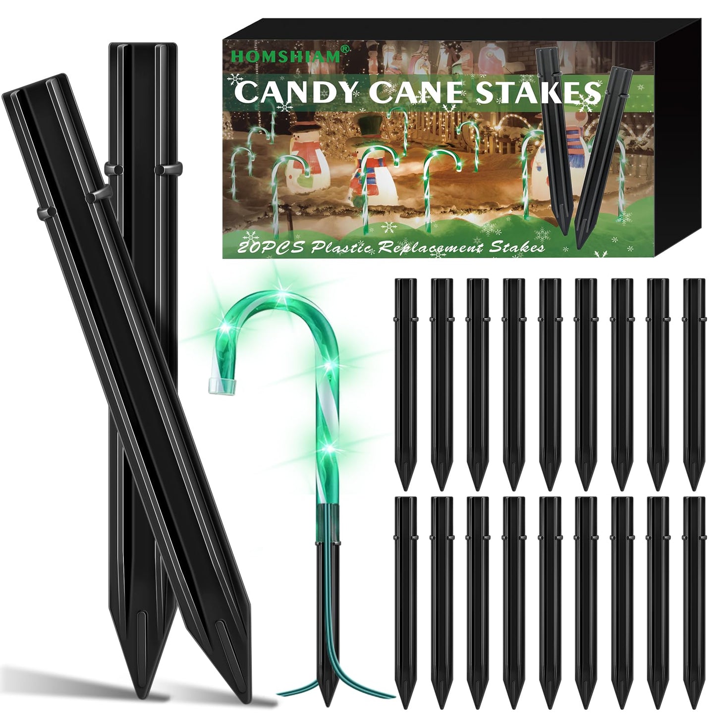 20PCS Replacement Stakes for Christmas Candy Cane Lights Outdoor, Plastic Candy Cane Pathway Markers Lights Spike Replacer, Size 0.68 * 6.05 Inches, Used to Maintain Candy Cane Pathway Lights 1