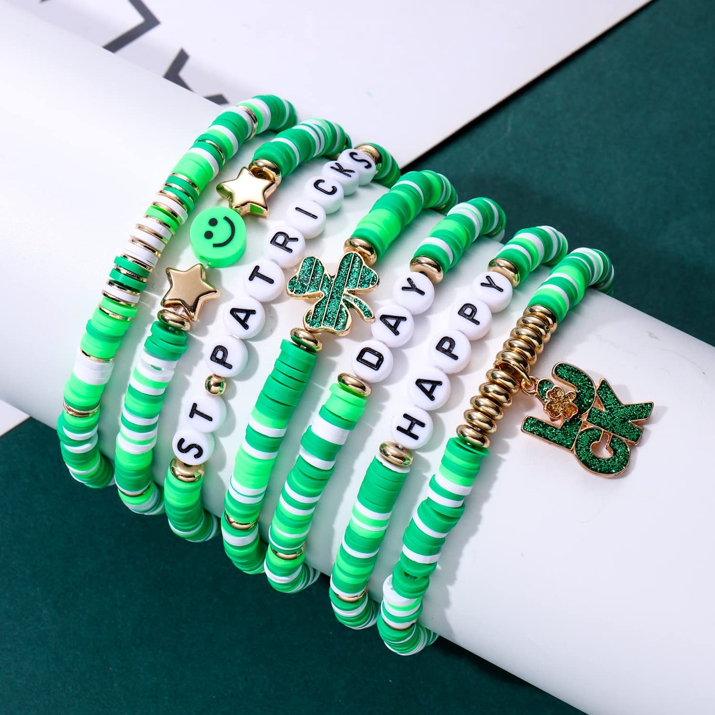 XOCARTIGE Surfer Heishi Bracelets for Women Stackable Rainbow Vinyl Disc Clay Beaded Stretch Bracelets Elastic Layering Friendship Bracelets Boho Summer Beach Jewelry (St.Patrick's Day 1)