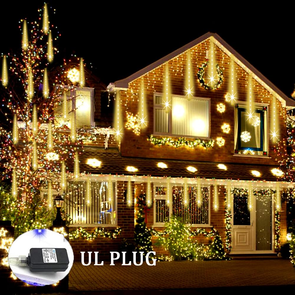 Weepong Christmas Lights Outdoor Falling Rain Meteor Shower Lights 12 inch 8 Tube 192 LED Snowfall Icicle Cascading String Light for Xmas Tree Christmas Decorations Holiday Garden, UL Plug,Warm White
