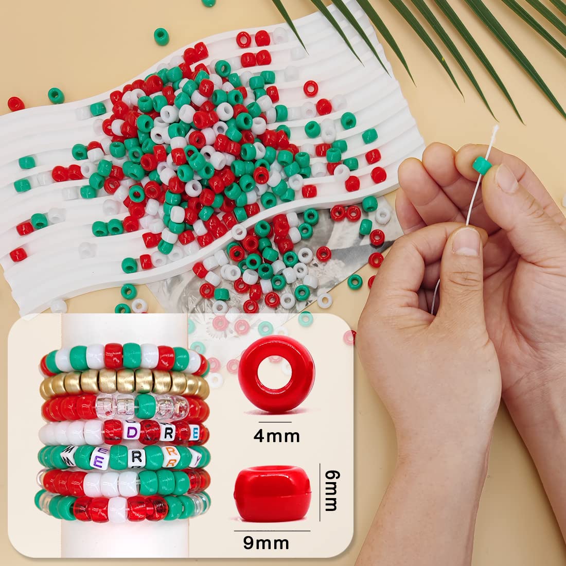 MIIIM 1000PCS 6x9mm Pony Beads Bulk for Christmas, Bracelets Making Kit, Kandi, Hair Braids, Craft Jewelry Making (Christmas)