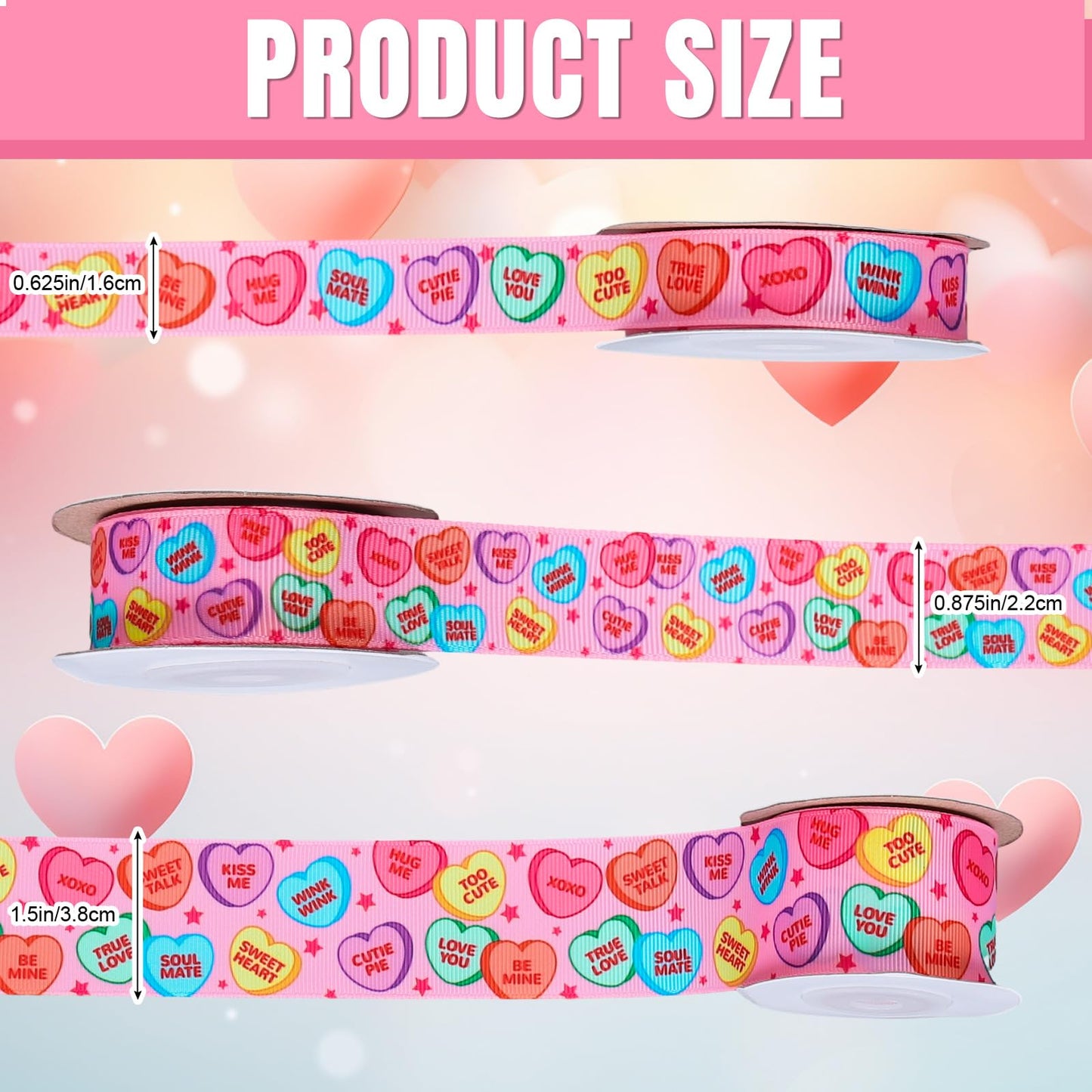 3 Rolls Valentine's Day Grosgrain Ribbon Conversation Heart Grosgrain Ribbon Candy Heart Craft Ribbon for Gift Wrapping Floral Arrangement Wreath Bow DIY Crafts Decor, 15 Yards