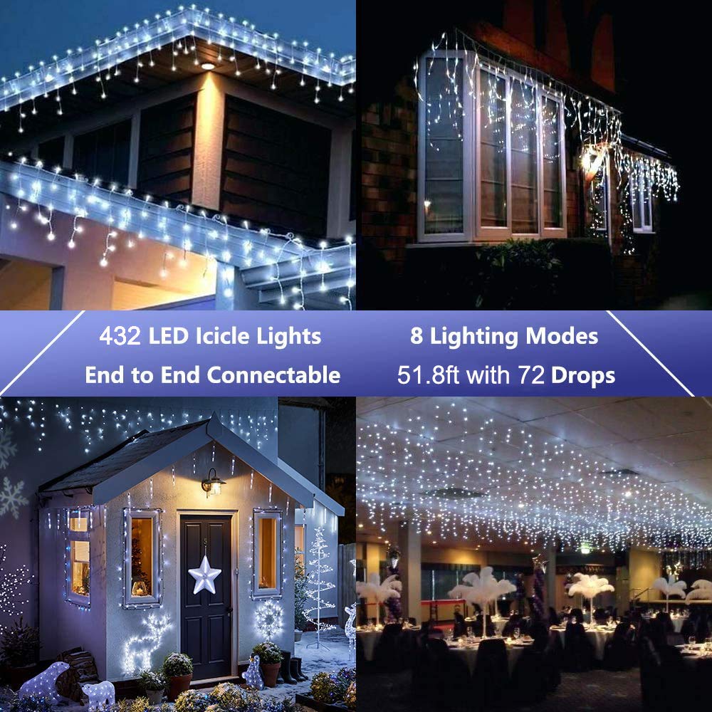 Icicle Christmas Lights, 432 LED 35.4ft 8 Modes Icicle String Lights with 72 Drops, Window Curtain Fairy Lights for Xmas, Eaves, Wedding, Garden, Outdoor, Indoor Decor (Clear White)