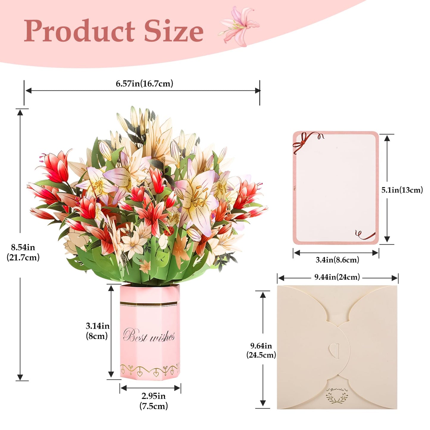 3 Pack Paper Flower Pop Up Cards,Forever Bouquet 3D Popup Paper Greeting Cards with Note Cards and Envelopes for all occasion,Mother's Day Gift,Birthday,Valentine,Christmas(Cherry Blossoms+Lily+Rose)