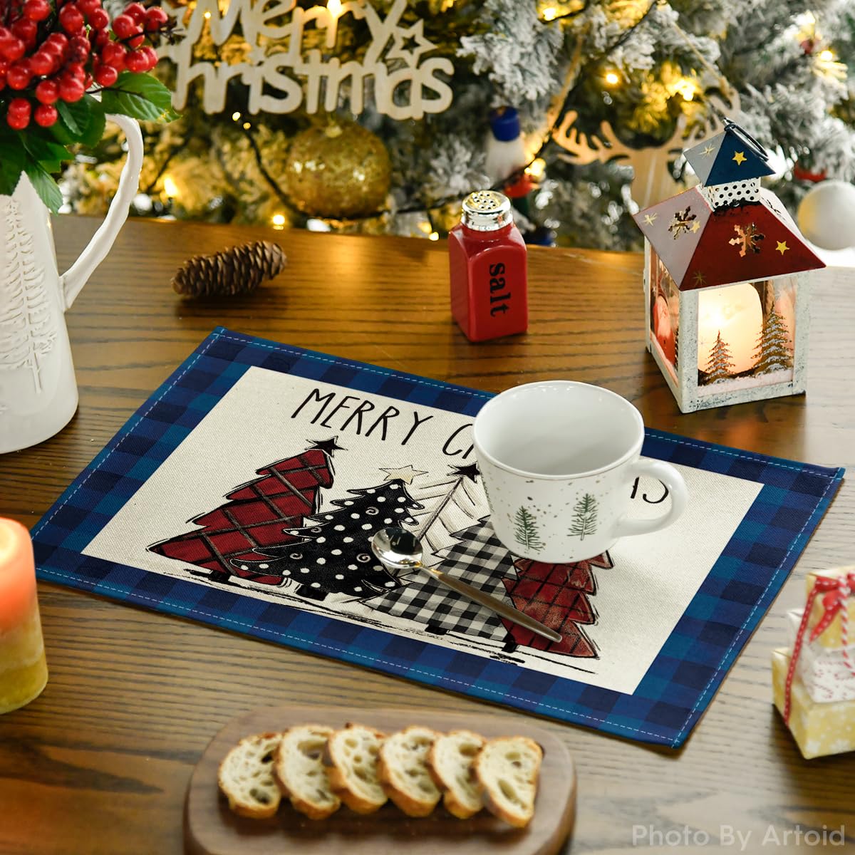Artoid Mode Blue Waterclor Buffalo Plaid Christmas Trees Placemats Set of 6, 12x18 Inch Winter Table Mats for Outdoor Home Party Kitchen Dining Decor