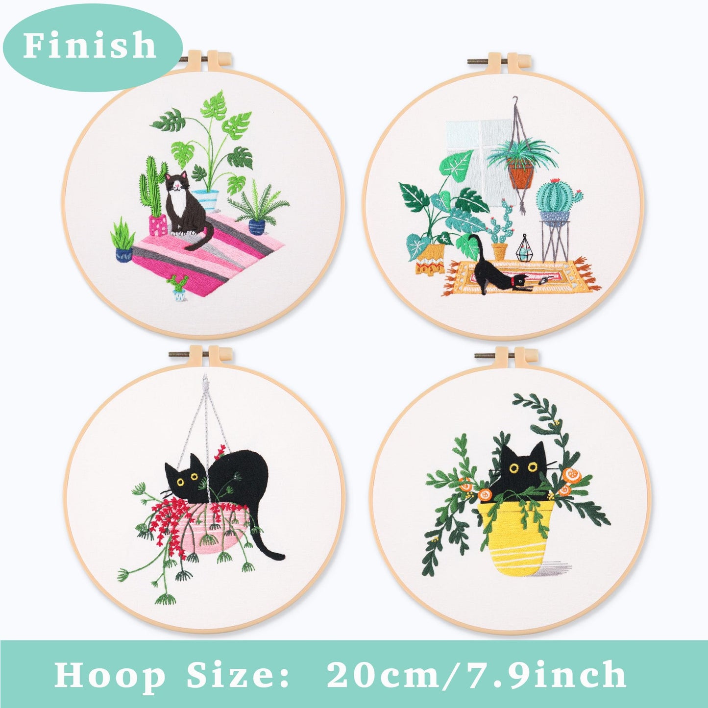 REEWISLY 4 pcs of Embroidery Starter kit with Patterns and Instructions, DIY Adult Beginner Cross Stitch Kits, Including 2 Plastic Embroidery Rings, 1 Pair of Scissors, Colored Threads and Needles
