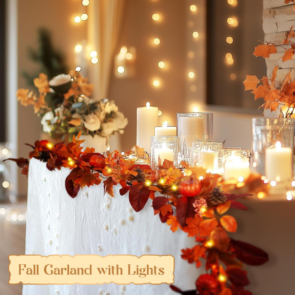 SHareconn 9ft Fall Garland with Lights and Timer for Mantle