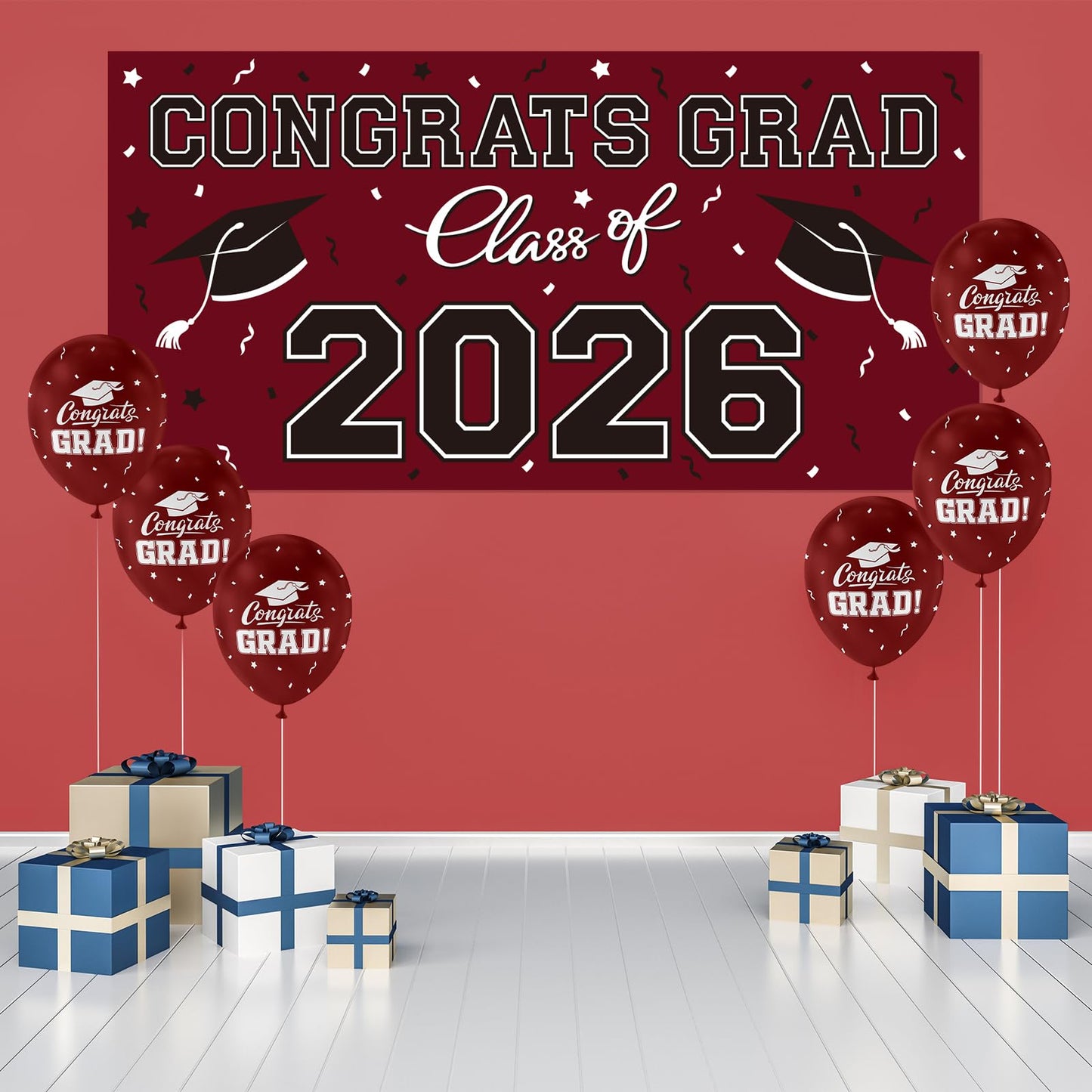 2026 Graduation Party Plastic Backdrop - 65" x 32.7" Congrats Grad Banner in Maroon, Large Class of 2026 Decorations, Photography & Grad Party Supplies